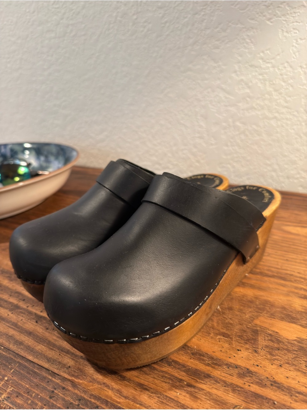 Anna Black Leather Platform Clogs